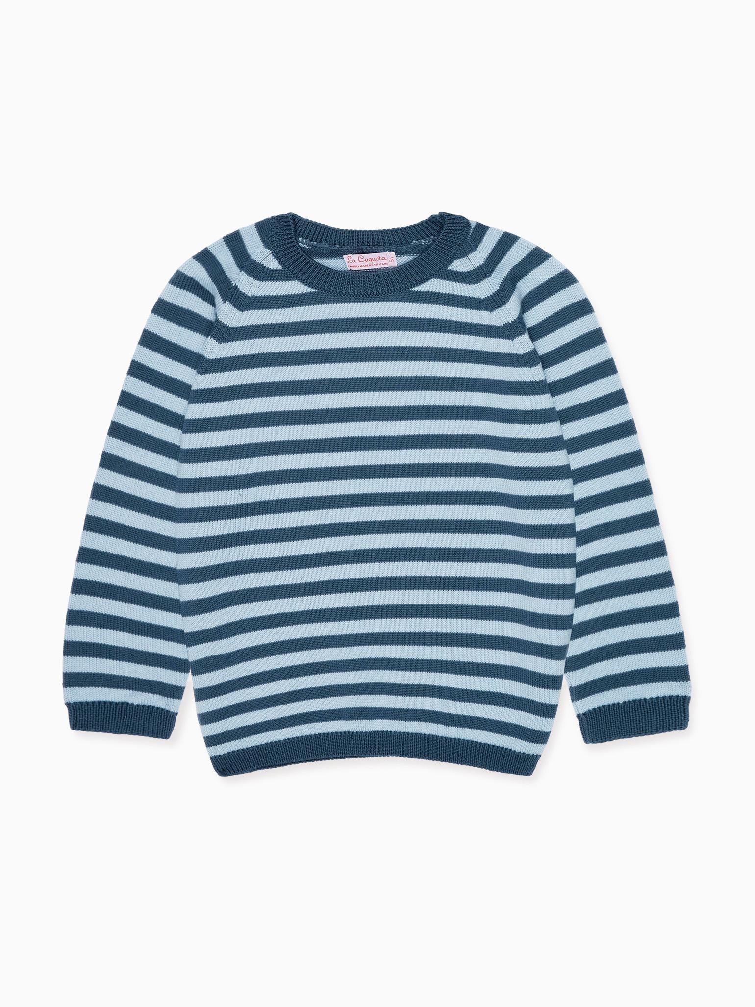 Pull garçon mérinos rayé bleu pétrole