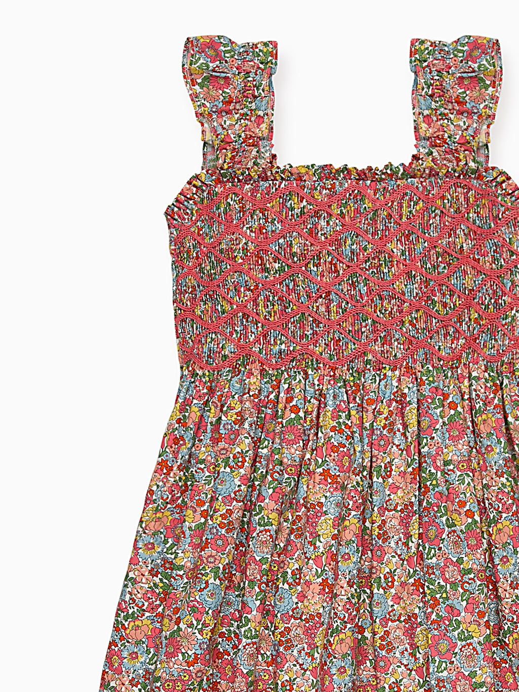 Robe fille corail à motif floral smockée main, en tissu Liberty