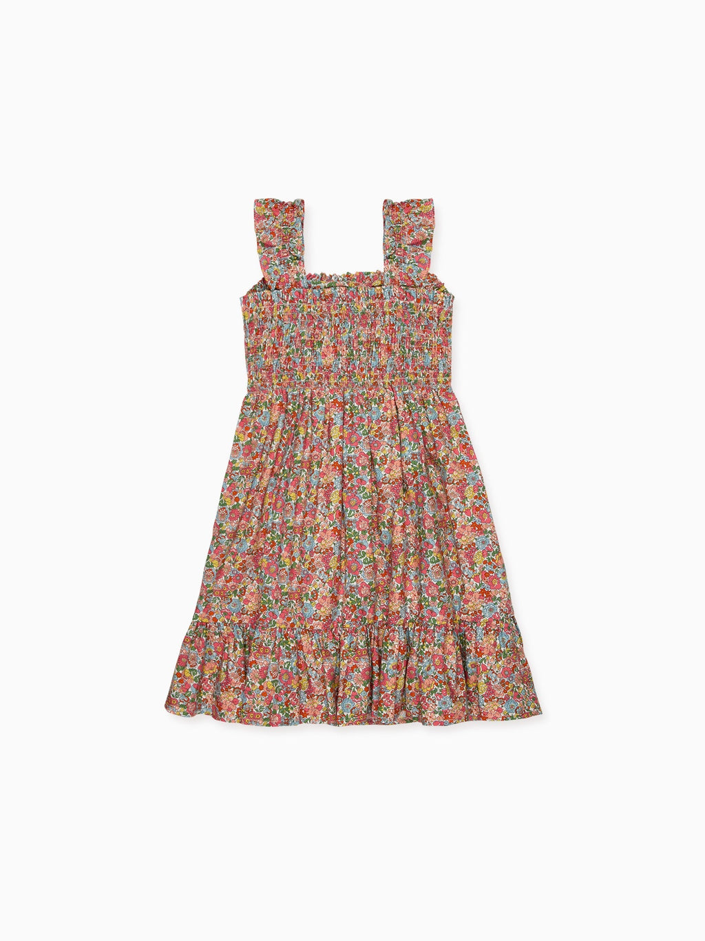Robe fille corail à motif floral smockée main, en tissu Liberty