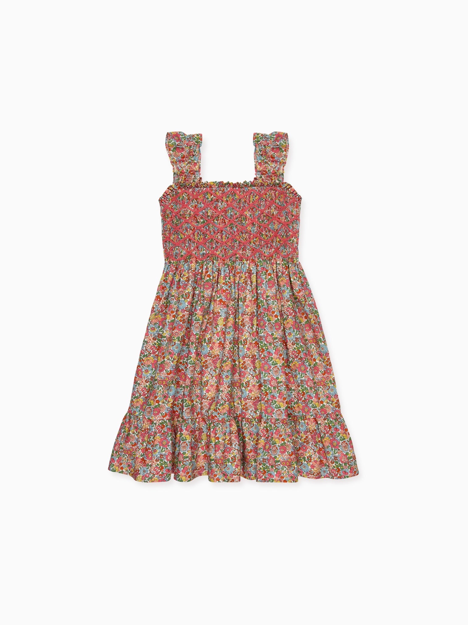 Robe fille corail à motif floral smockée main, en tissu Liberty