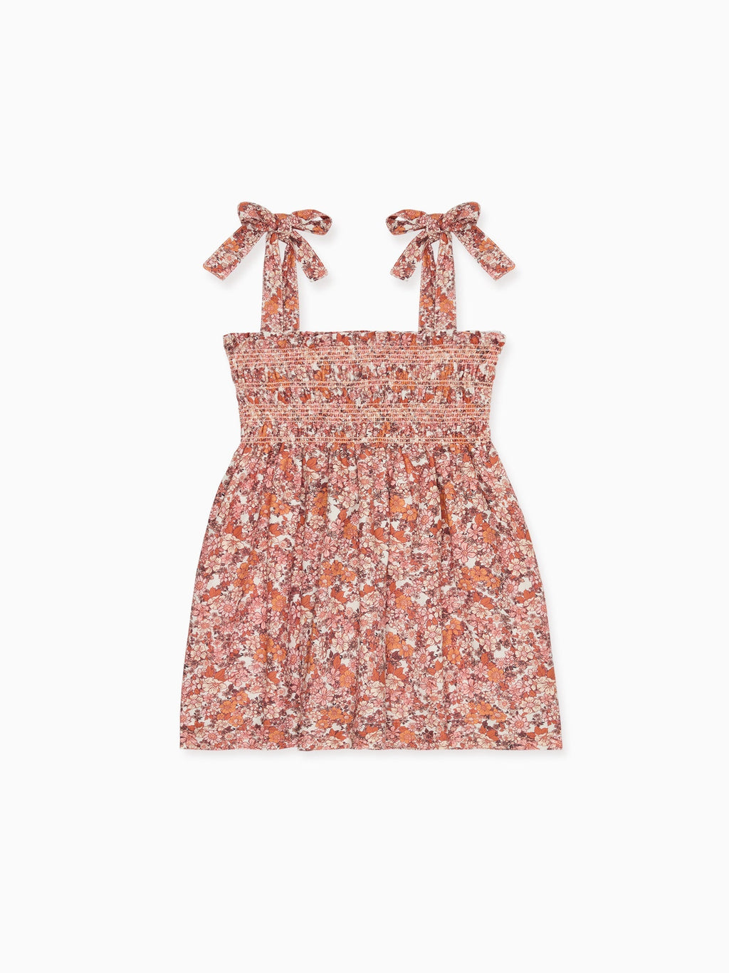 Robe fillette smockée à la main en coton terracotta imprimé floral