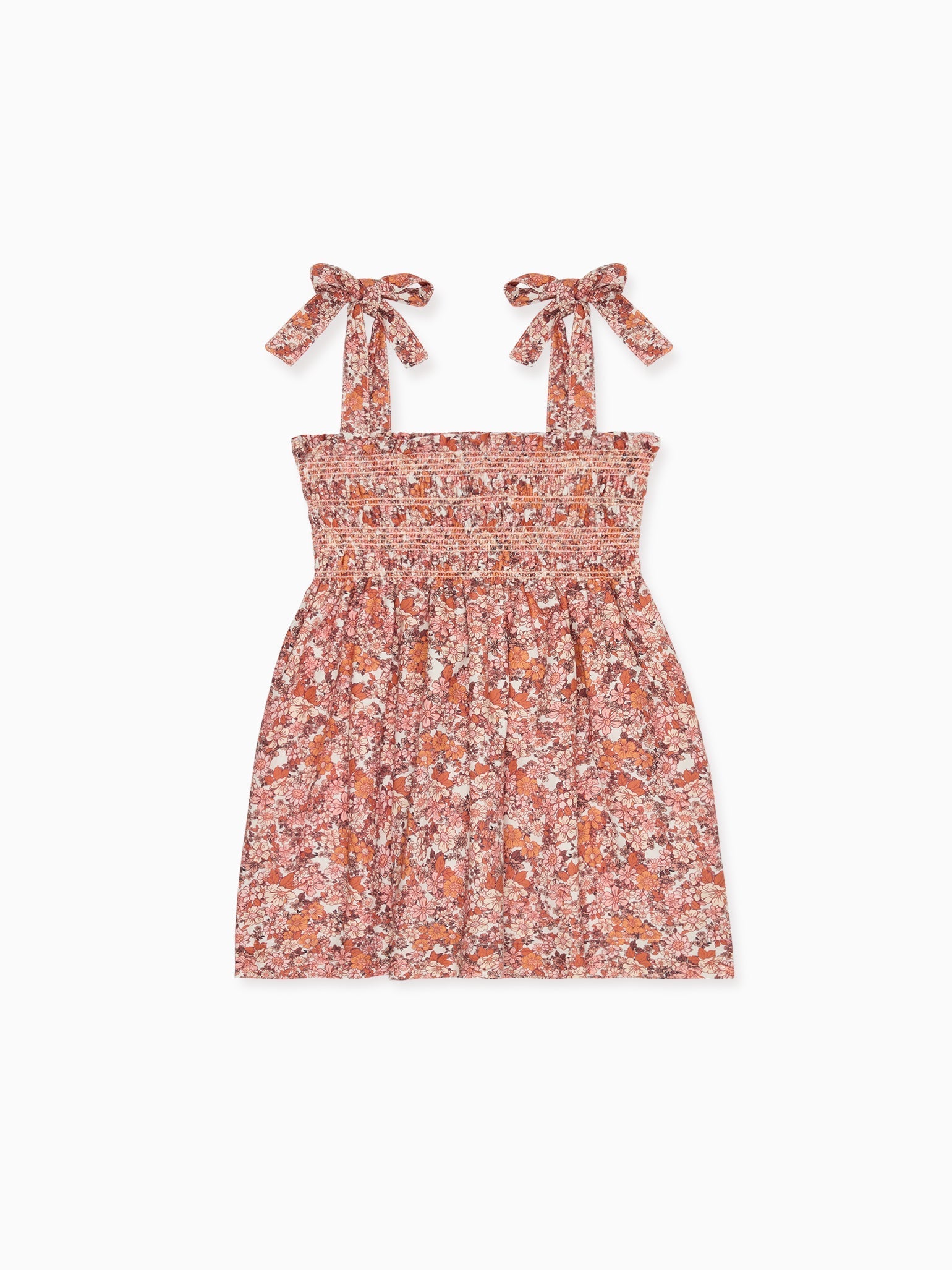 Robe fillette smockée à la main en coton terracotta imprimé floral