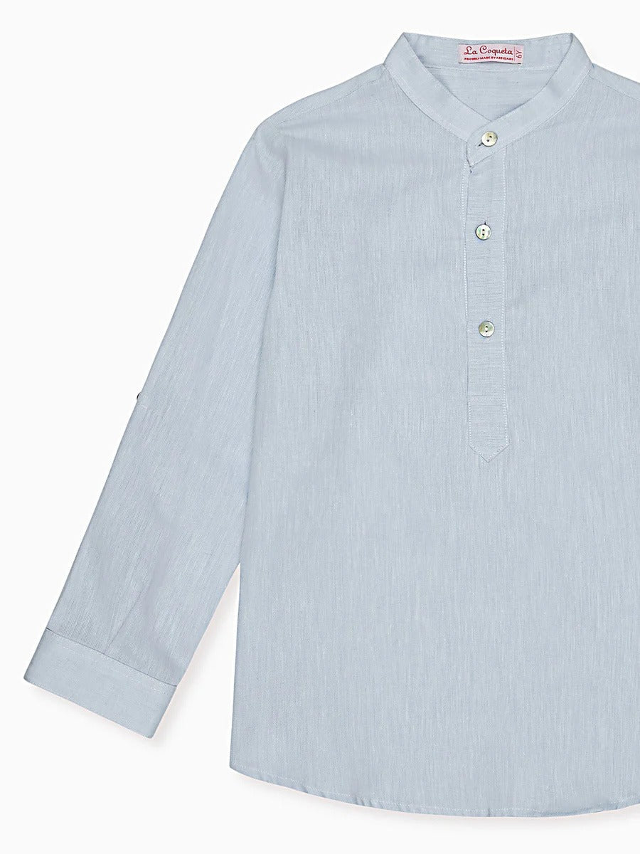 Chemise de garçon à manches longues en mélange de lin bleu poussiéreux