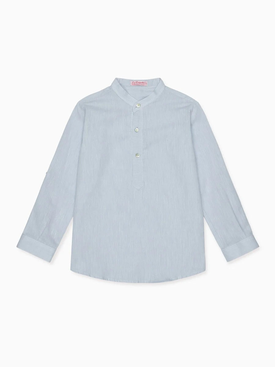 Chemise de garçon à manches longues en mélange de lin bleu poussiéreux
