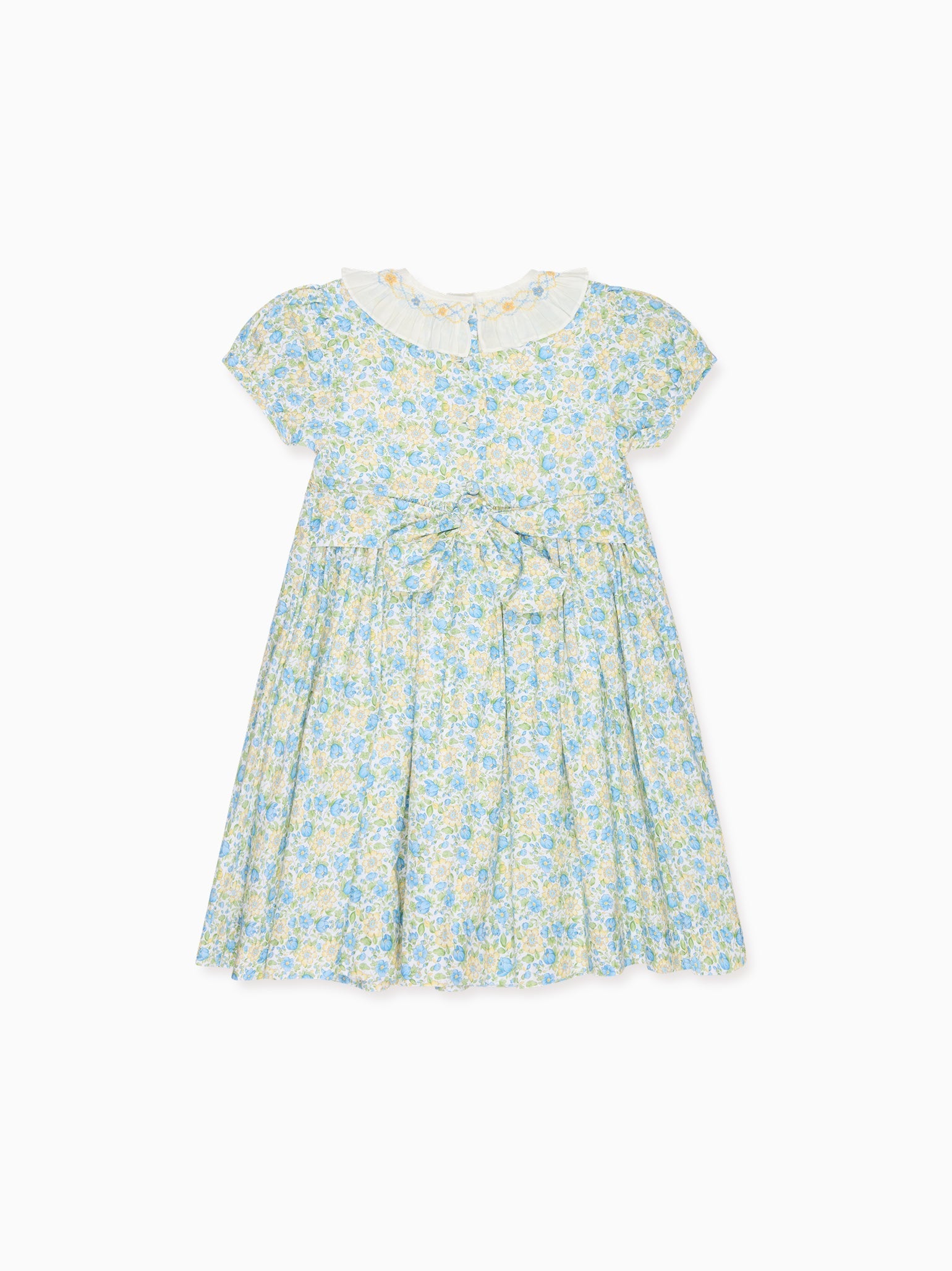 Robe fillette smockée main verte fleurie
