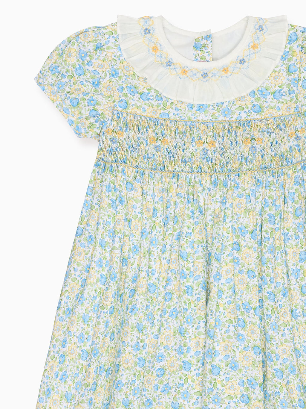 Robe fillette smockée main verte fleurie