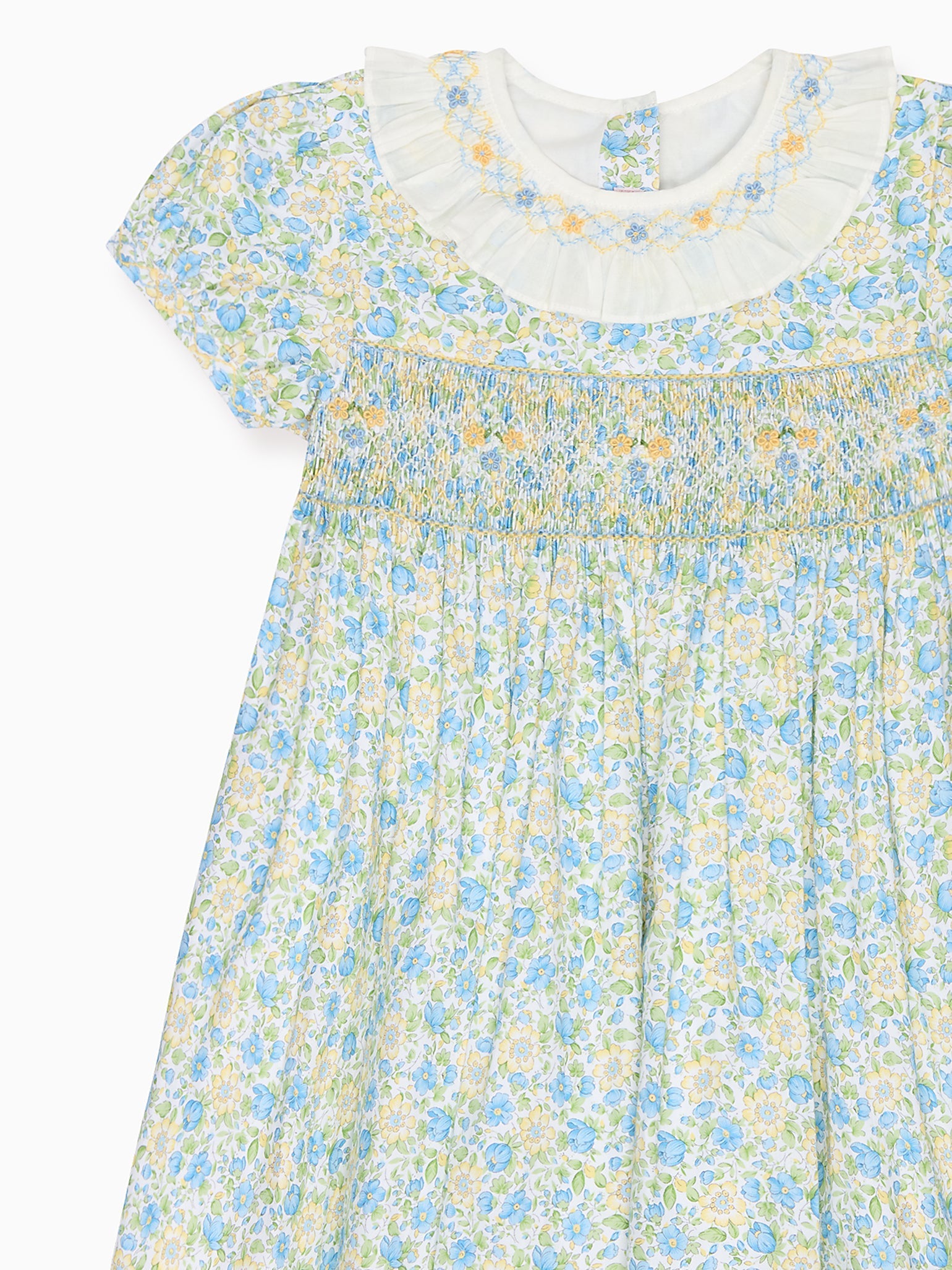 Robe fillette smockée main verte fleurie