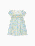 Robe fillette smockée main verte fleurie