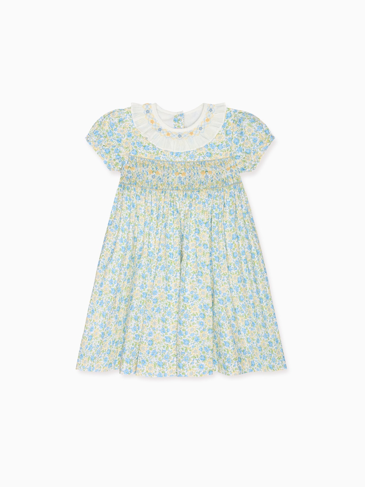 Robe fillette smockée main verte fleurie
