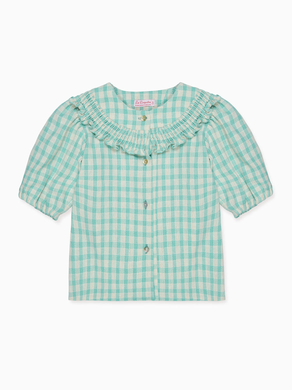 Chemise smockée à carreaux Vichy sauge pour fille