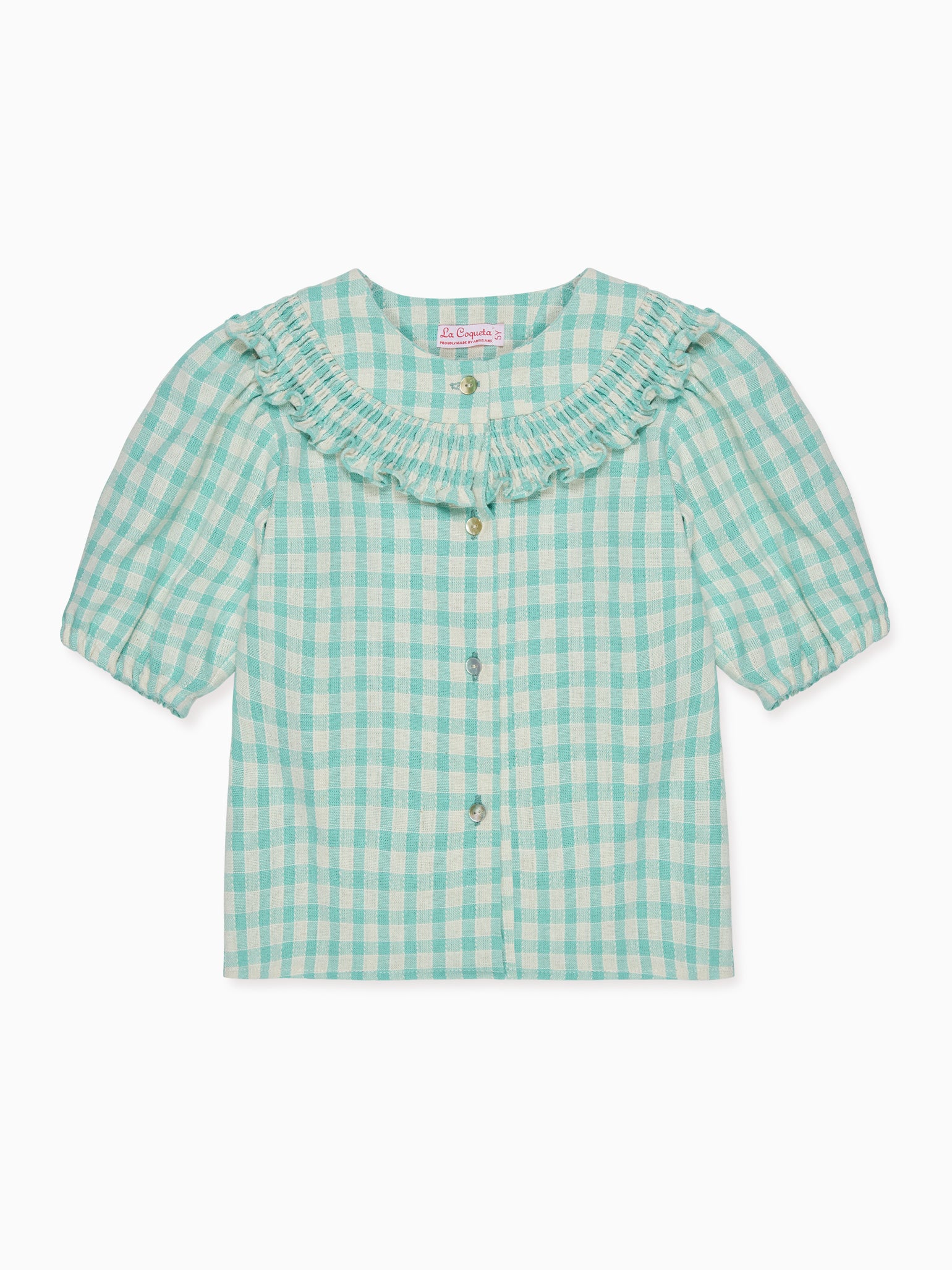 Chemise smockée à carreaux Vichy sauge pour fille