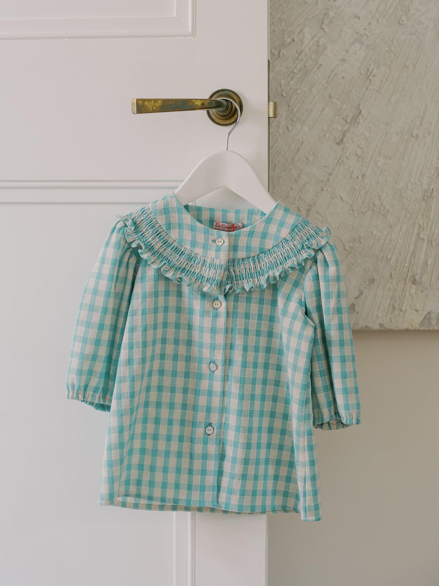 Chemise smockée à carreaux Vichy sauge pour fille