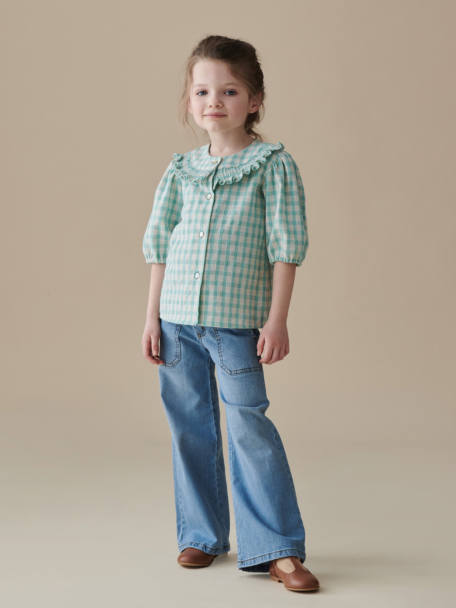 Chemise smockée à carreaux Vichy sauge pour fille